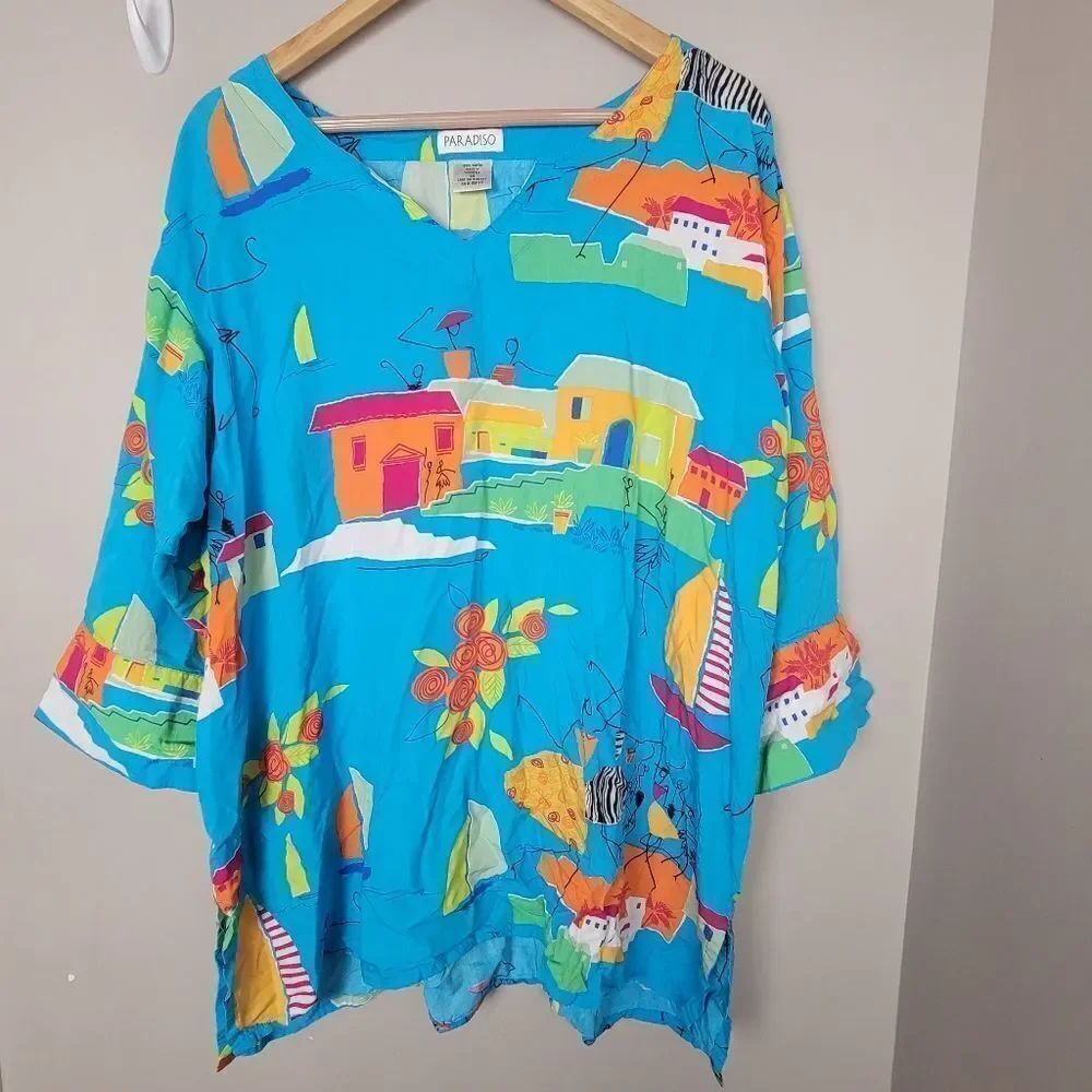 80's Colorful Novelty Print V-Neck Sailboat Mediterranean Colorful Cover up 1X